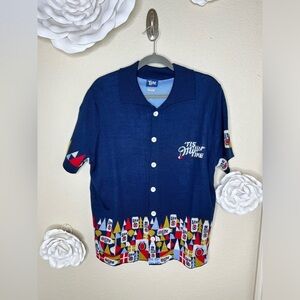 Miller Lite Rare Short Sleeve Button Down Tis the Season Navy Sweater Sz L